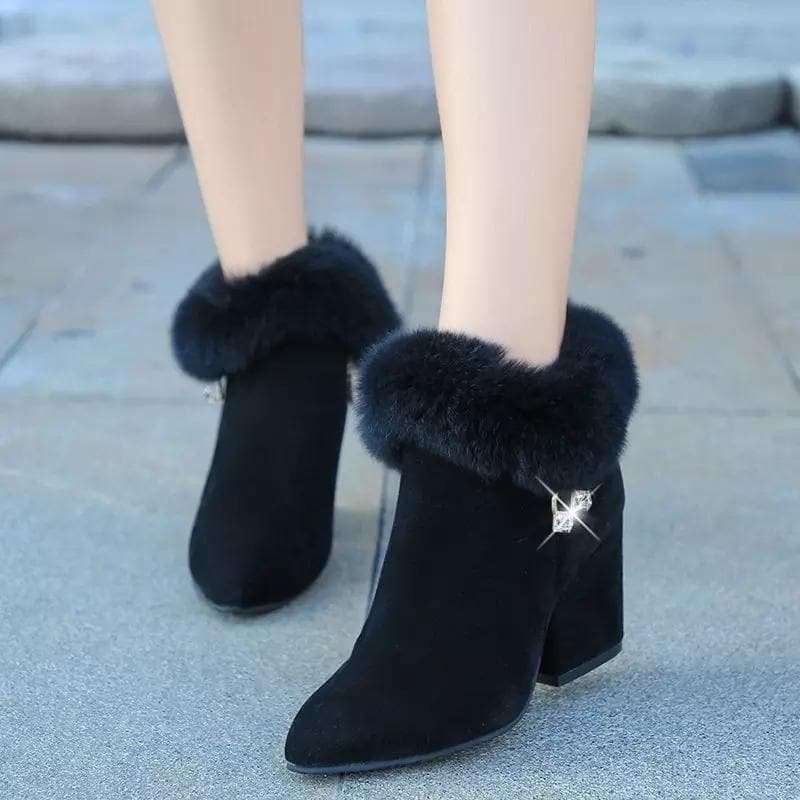 Bottines Femme - Talon Haut Élégant - Doublure Fourrée - En Daim avec Fermeture Éclair