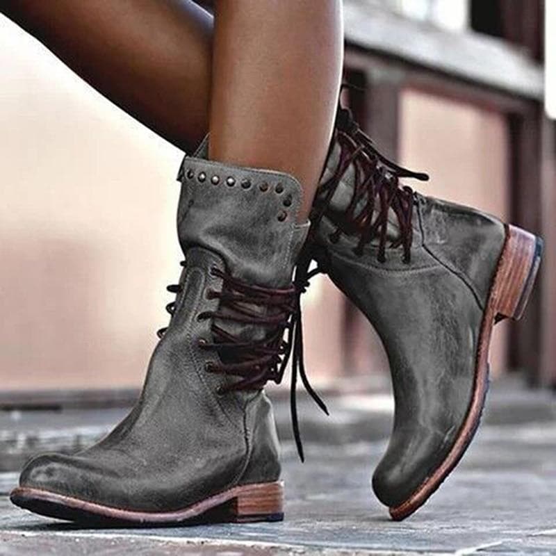 Bottes Femme en Cuir - Hauteur Mi-Mollet - Lacets et Clous Décoratifs - Talon Bloc