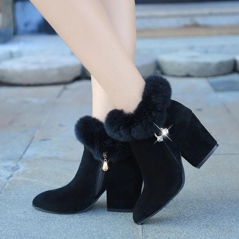 Bottines Femme - Talon Haut Élégant - Doublure Fourrée - En Daim avec Fermeture Éclair