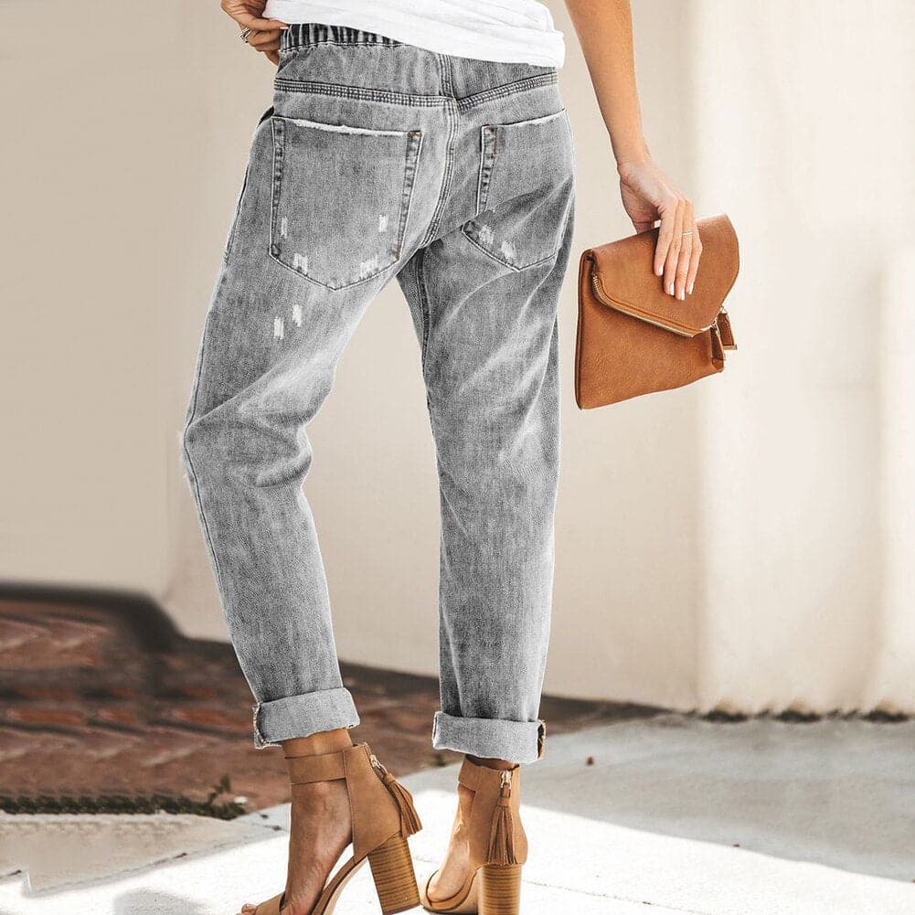 Jean Femme - Taille Haute - Ceinture Intégrée - Effet Déchiré - Coupe Ajustée