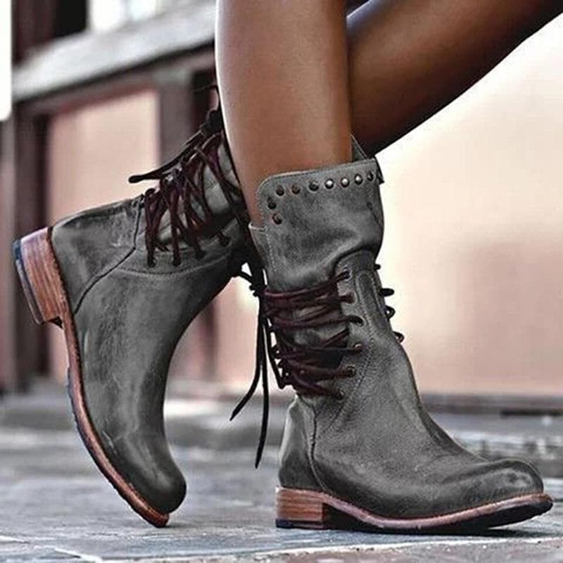 Bottes Femme en Cuir - Hauteur Mi-Mollet - Lacets et Clous Décoratifs - Talon Bloc