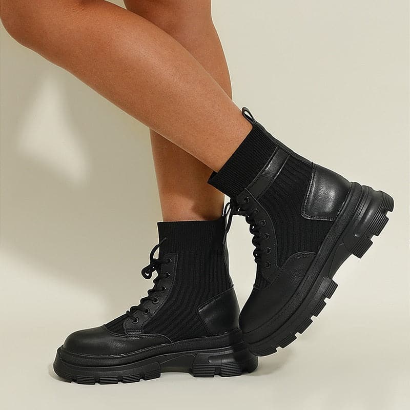 Bottines Femme - Cuir et Maille - Lacets Ajustables - Semelle Épaisse Confortable