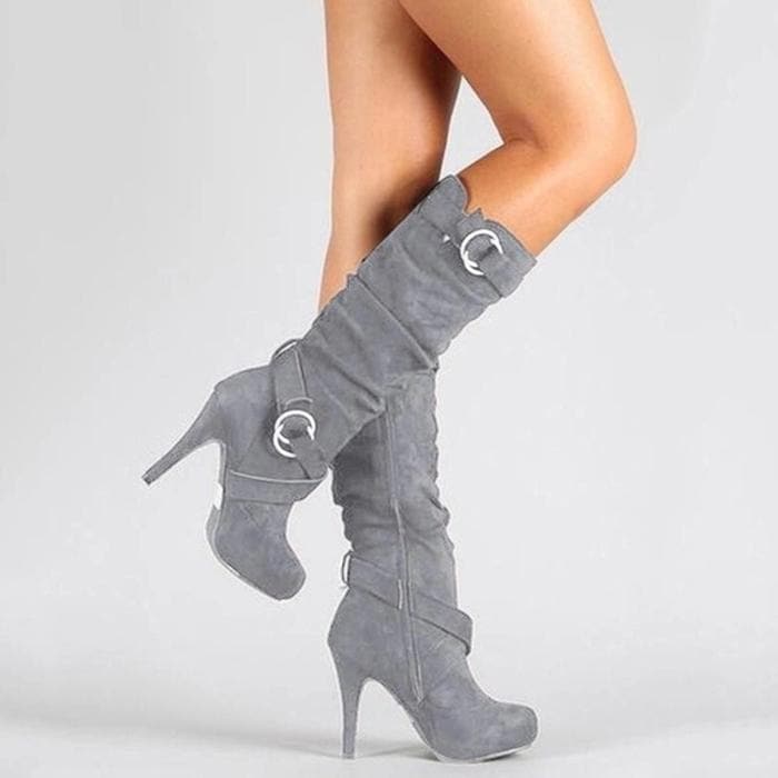 Bottes Hautes Femme - Talon Aiguille - Daim Élégant - Brides Décoratives