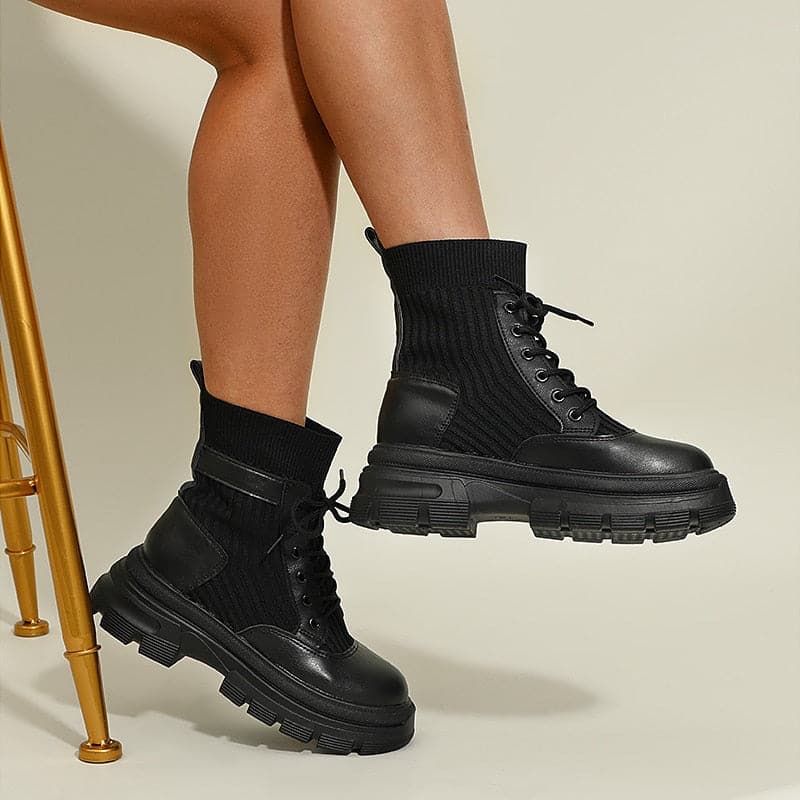 Bottines Femme - Cuir et Maille - Lacets Ajustables - Semelle Épaisse Confortable