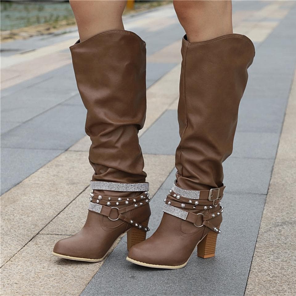 Bottes Hautes Femme - Cuir Élégant - Talon Bloc Confort - Détails Cloutés Mode