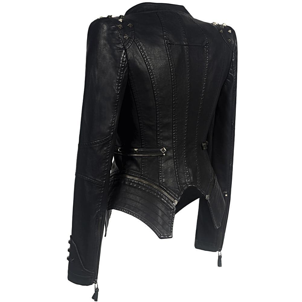 Veste biker femme – Coupe slim – Effet cuir – Épaules cloutées – Détails zippés