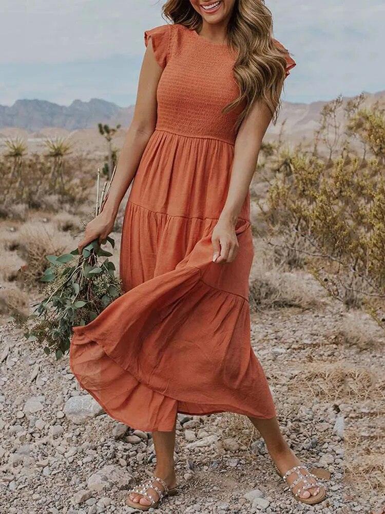 Robe Midi Femme - Corsage Smocké - Manches Courtes Volantées - Tissu Léger et Fluide
