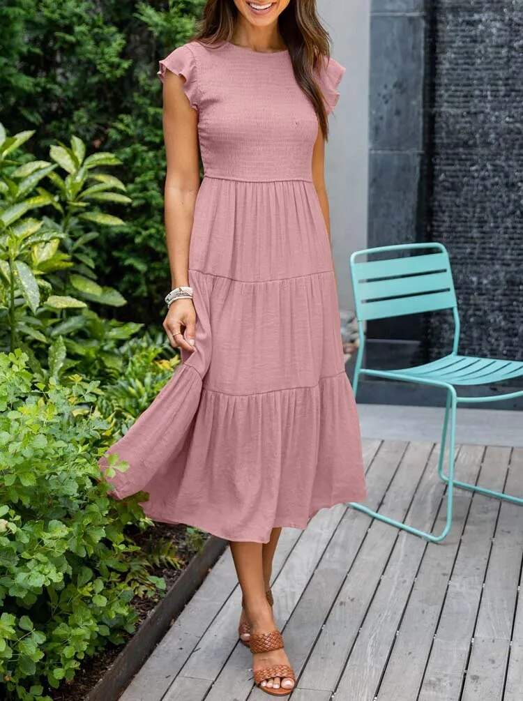 Robe Midi Femme - Corsage Smocké - Manches Courtes Volantées - Tissu Léger et Fluide