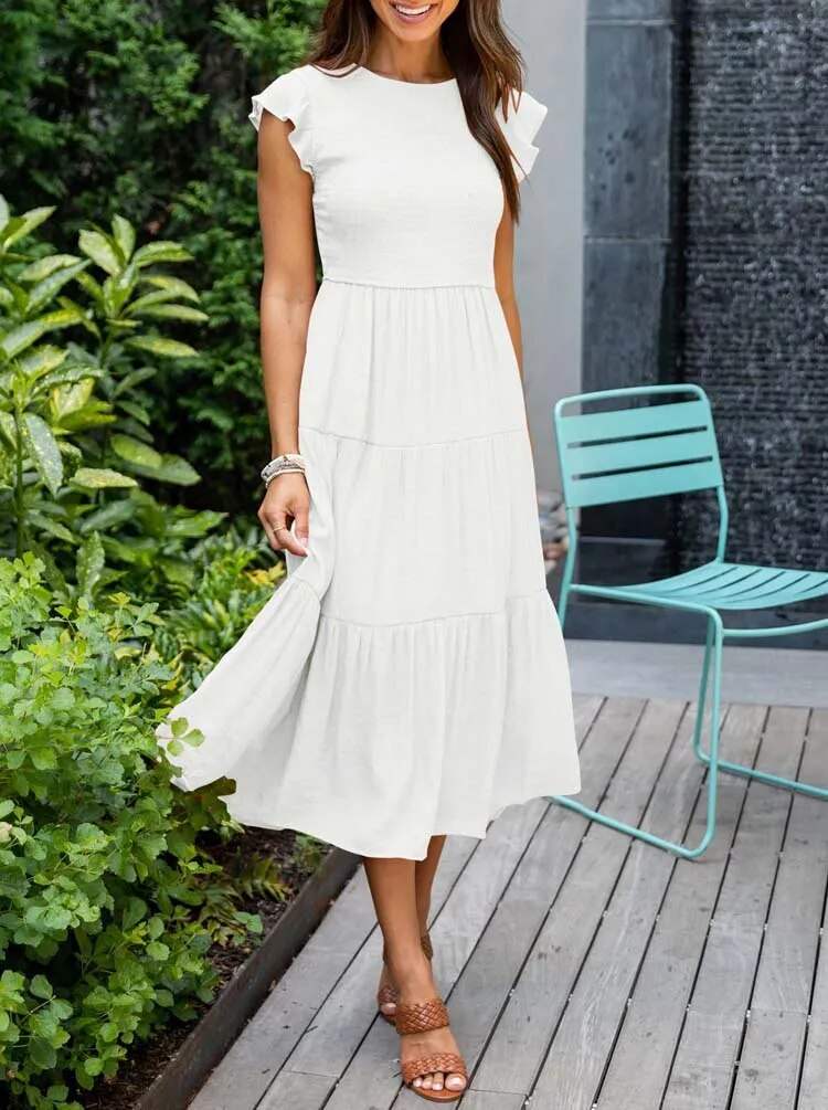 Robe Midi Femme - Corsage Smocké - Manches Courtes Volantées - Tissu Léger et Fluide