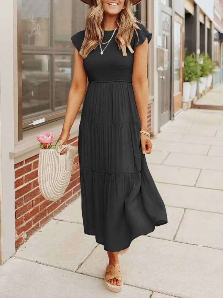 Robe Midi Femme - Corsage Smocké - Manches Courtes Volantées - Tissu Léger et Fluide