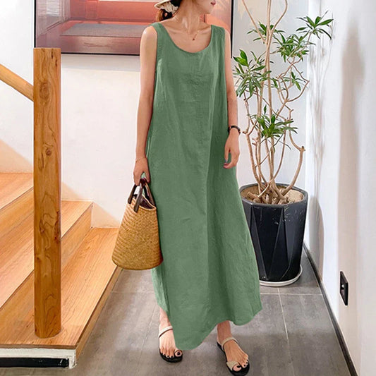Robe Longue Sans Manches Femme - Col Rond - Coupe Ample et Fluide