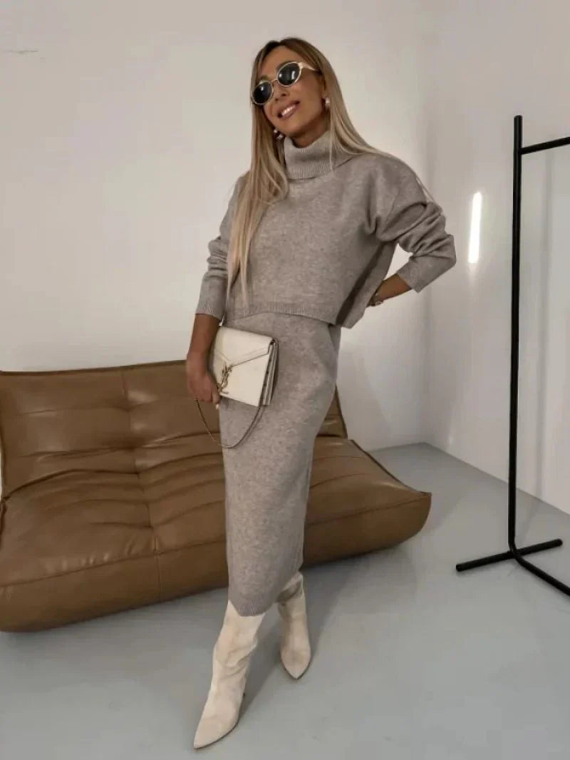 Ensemble Femme – Pull Col Roulé Ample & Jupe Midi Crayon – Maille Confortable