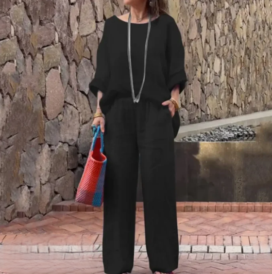 Ensemble Femme – Haut Ample Col Bateau Manches Chauve-Souris + Pantalon Large Taille Élastique