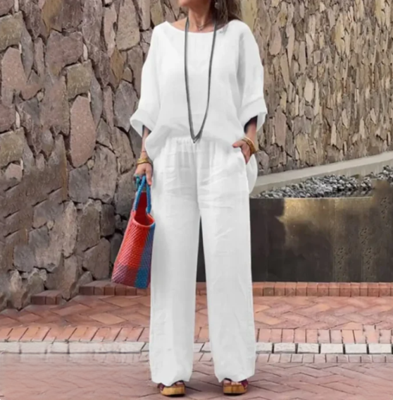 Ensemble Femme – Haut Ample Col Bateau Manches Chauve-Souris + Pantalon Large Taille Élastique