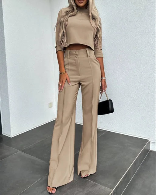 Ensemble Femme - Top Court Ajusté Manches Courtes & Pantalon Taille Haute Jambe Large