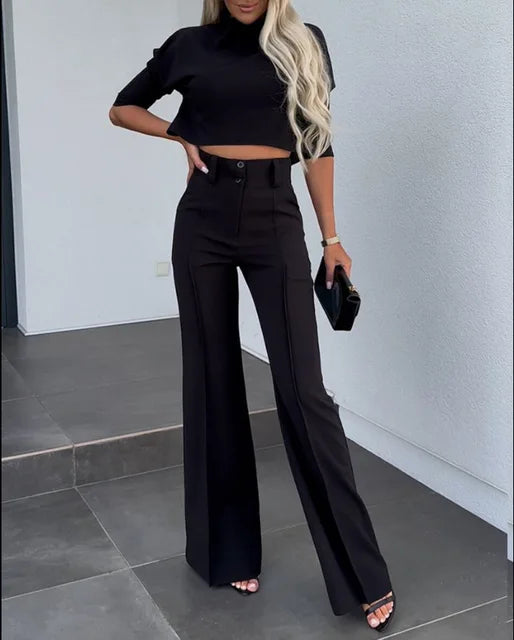 Ensemble Femme - Top Court Ajusté Manches Courtes & Pantalon Taille Haute Jambe Large