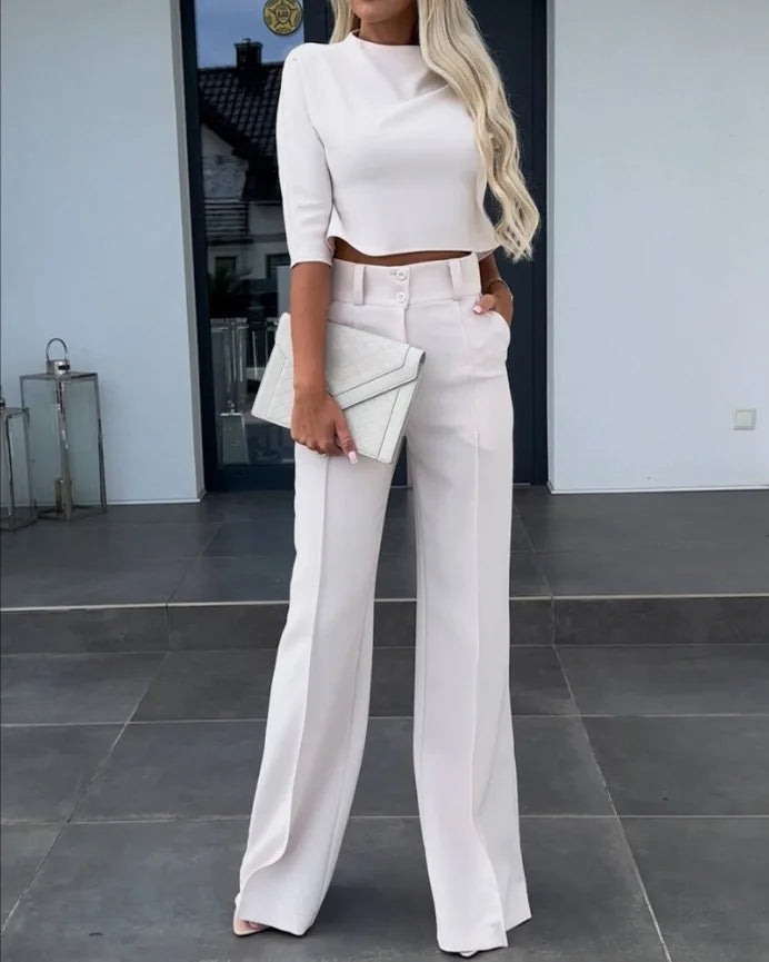Ensemble Femme - Top Court Ajusté Manches Courtes & Pantalon Taille Haute Jambe Large