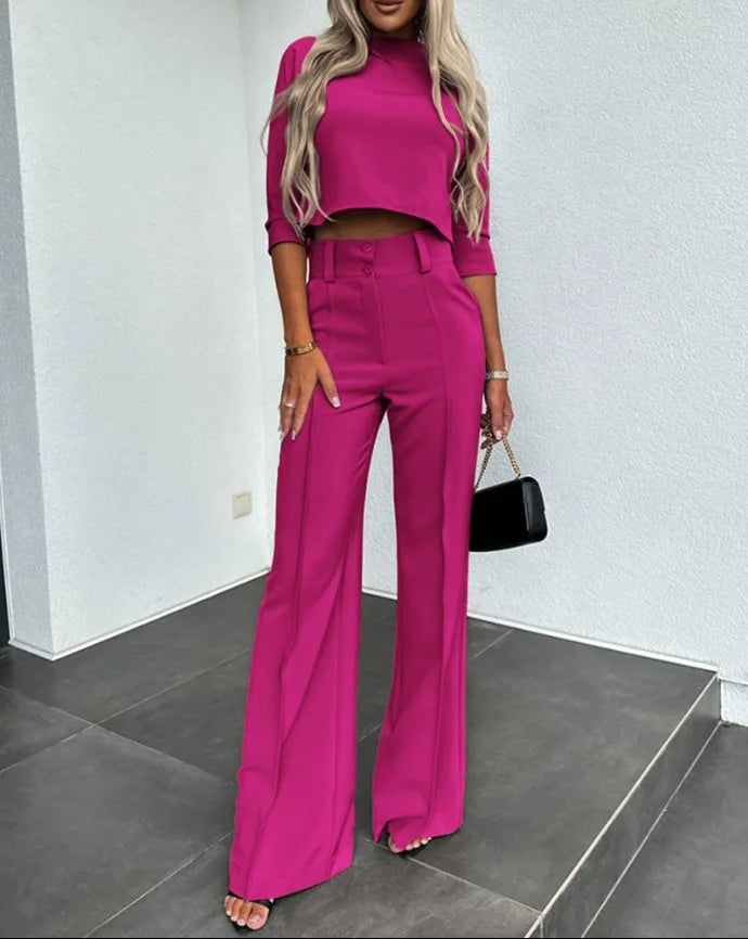 Ensemble Femme - Top Court Ajusté Manches Courtes & Pantalon Taille Haute Jambe Large