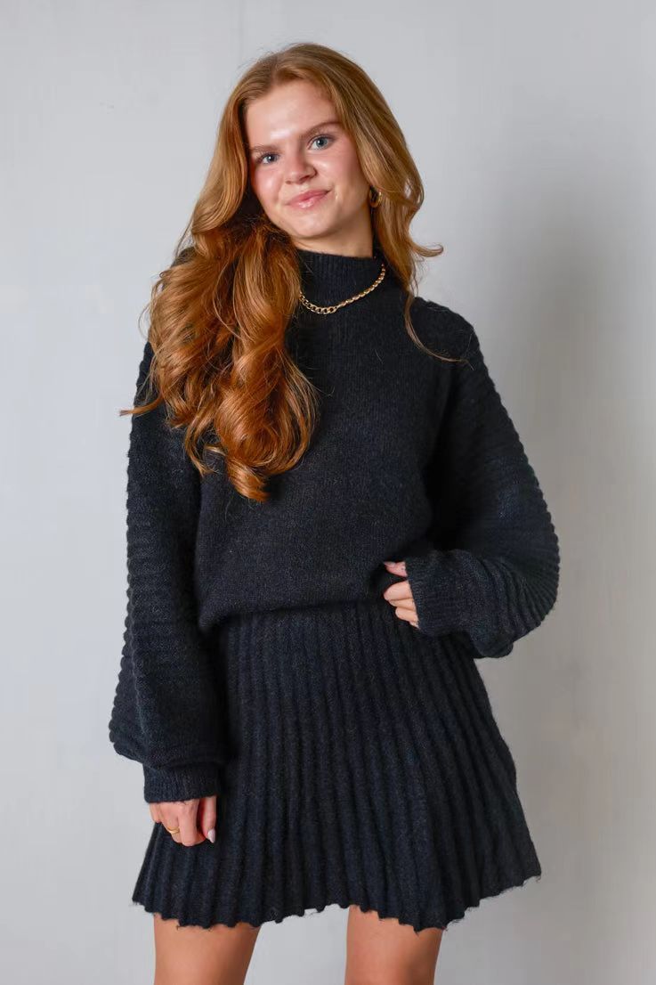 Ensemble Pull et Jupe Femme - Maille Côtelée - Coupe Ample - Col Rond