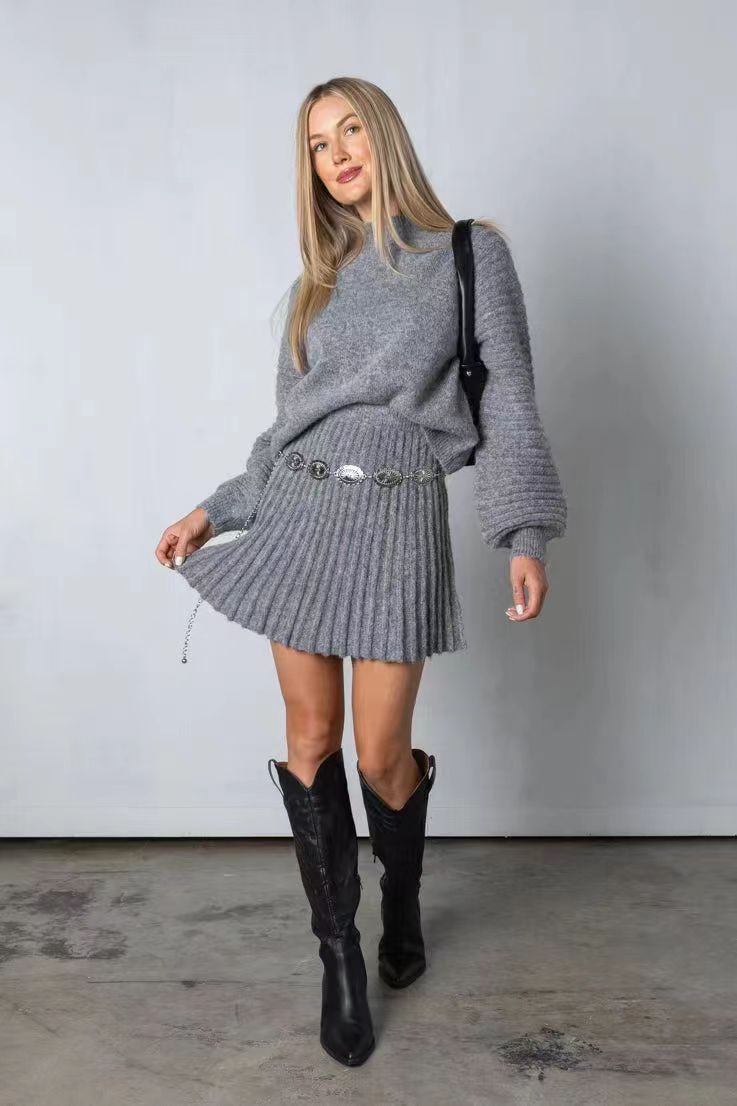 Ensemble Pull et Jupe Femme - Maille Côtelée - Coupe Ample - Col Rond