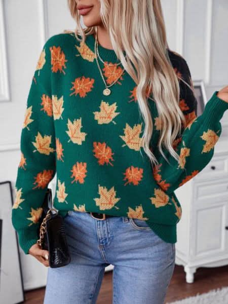 Pull d'automne confortable et chaud avec feuilles d'érable pour femme