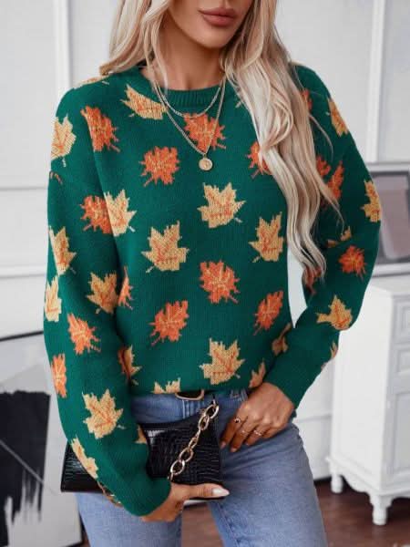 Pull d'automne confortable et chaud avec feuilles d'érable pour femme