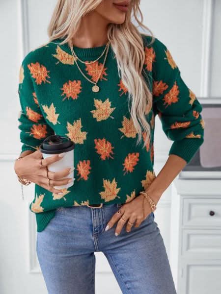 Pull d'automne confortable et chaud avec feuilles d'érable pour femme