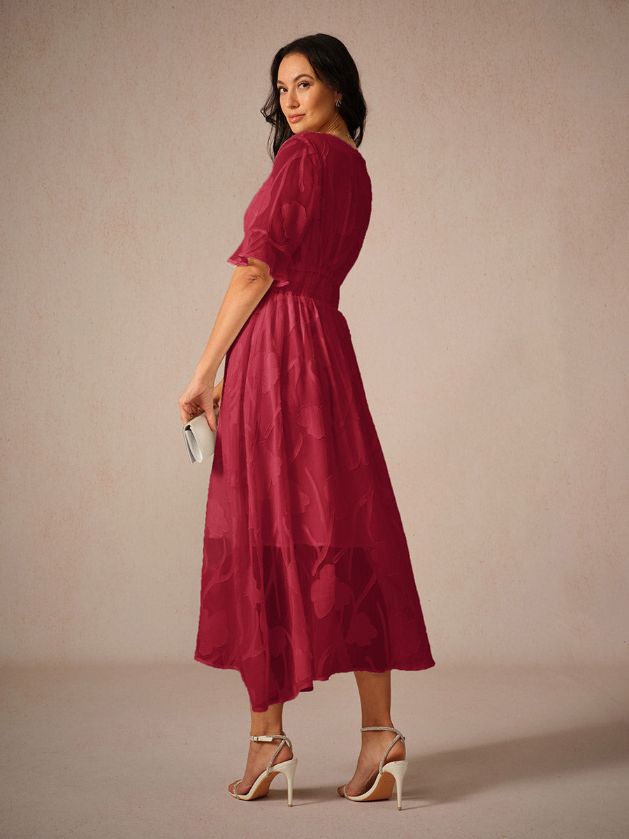 Robe longue femme – Dentelle florale – Manches volantées – Coupe évasée élégante