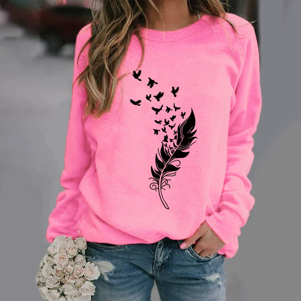 Sweat-shirt femme – Coupe ample – Coton doux – Col rond – Imprimé plume stylisé