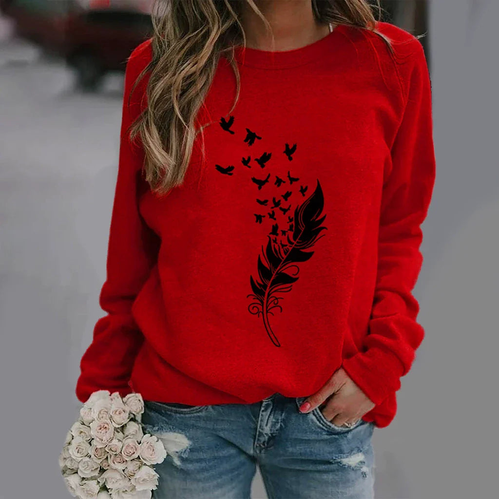 Sweat-shirt femme – Coupe ample – Coton doux – Col rond – Imprimé plume stylisé