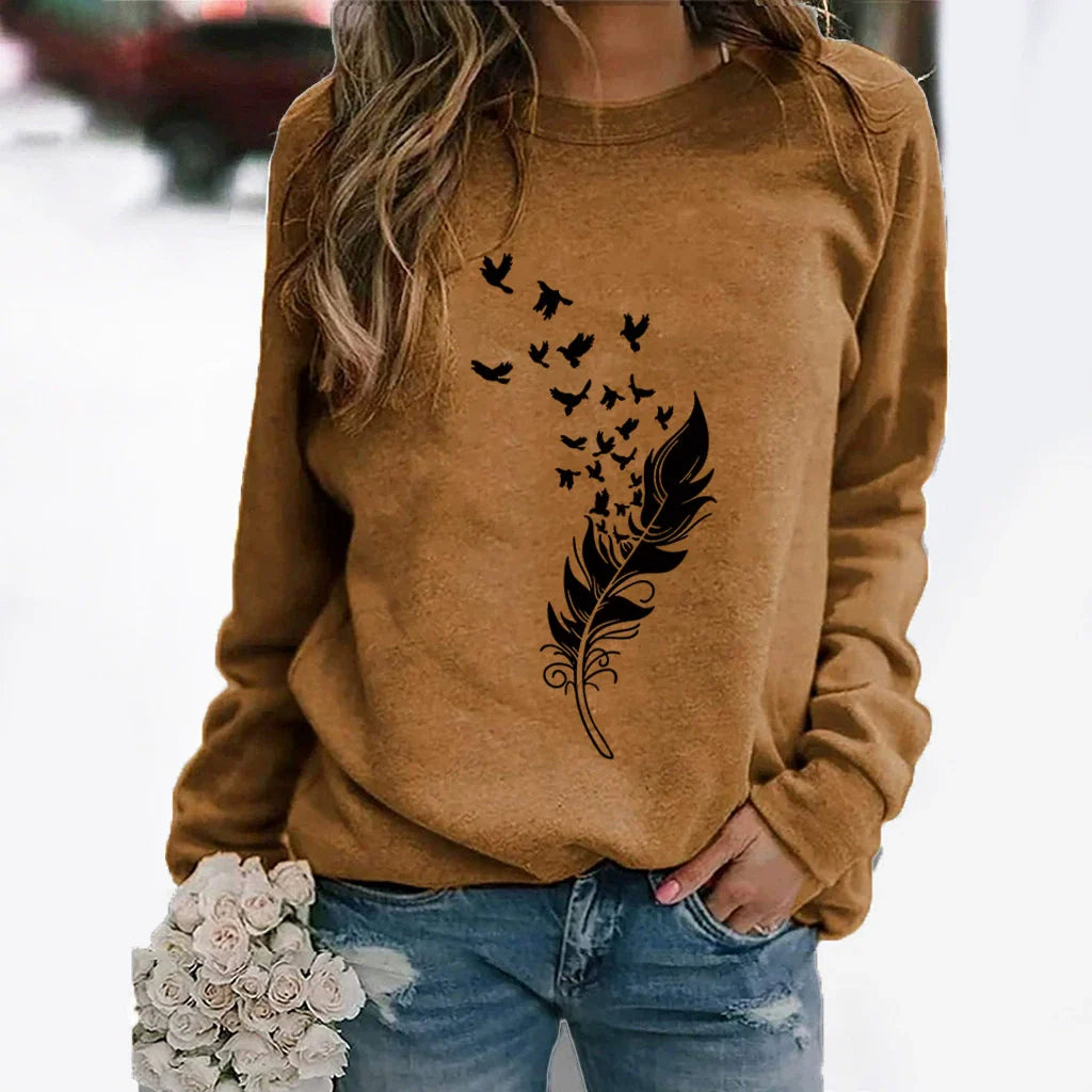 Sweat-shirt femme – Coupe ample – Coton doux – Col rond – Imprimé plume stylisé