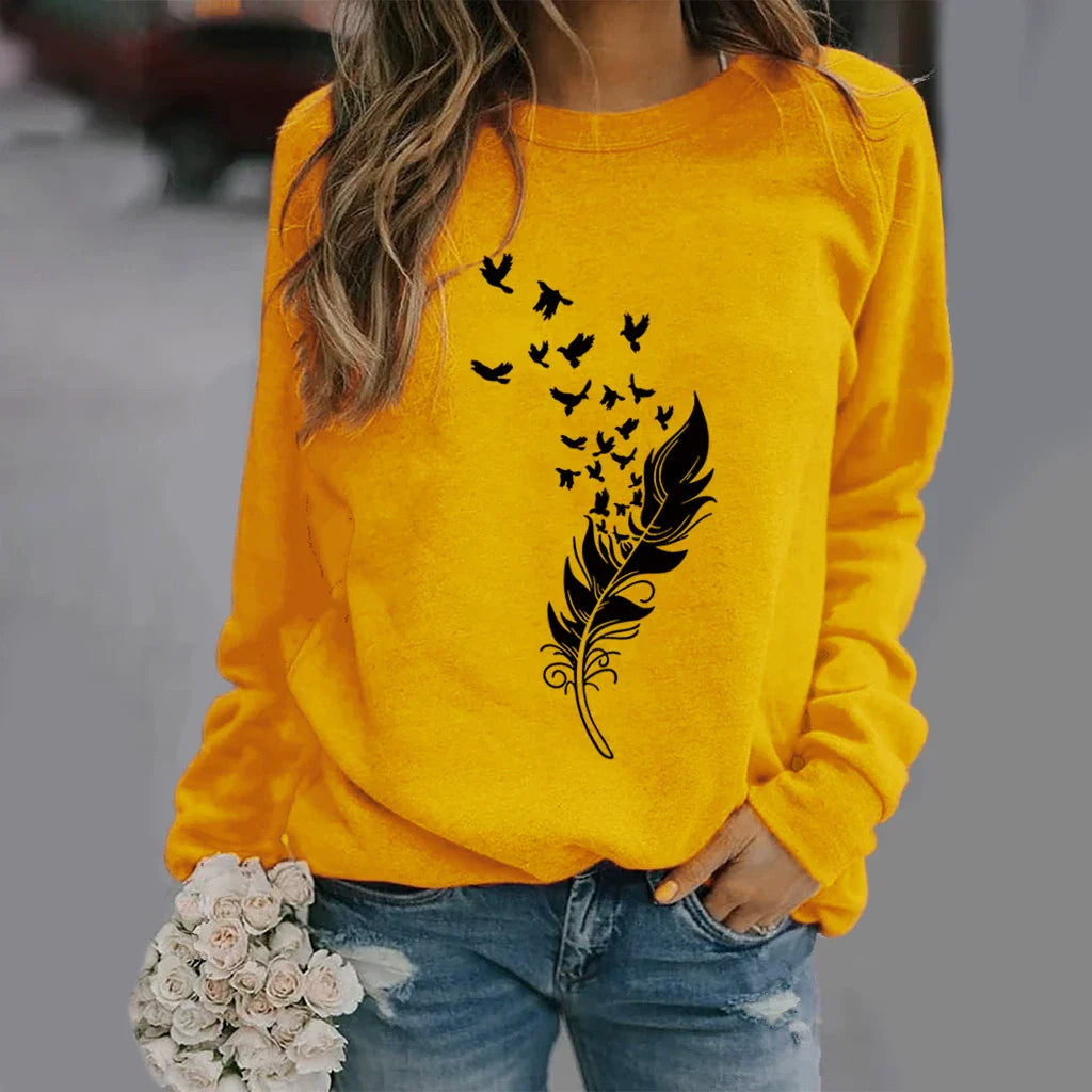 Sweat-shirt femme – Coupe ample – Coton doux – Col rond – Imprimé plume stylisé