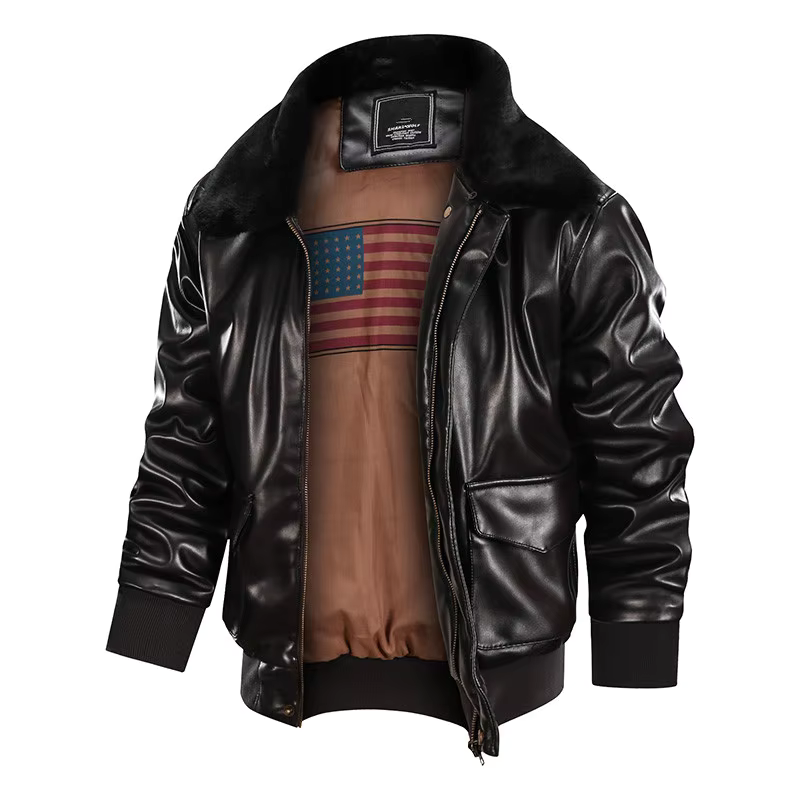 Blouson en cuir homme – Coupe régulière – Style vintage – Poignets côtelés – Zip frontal