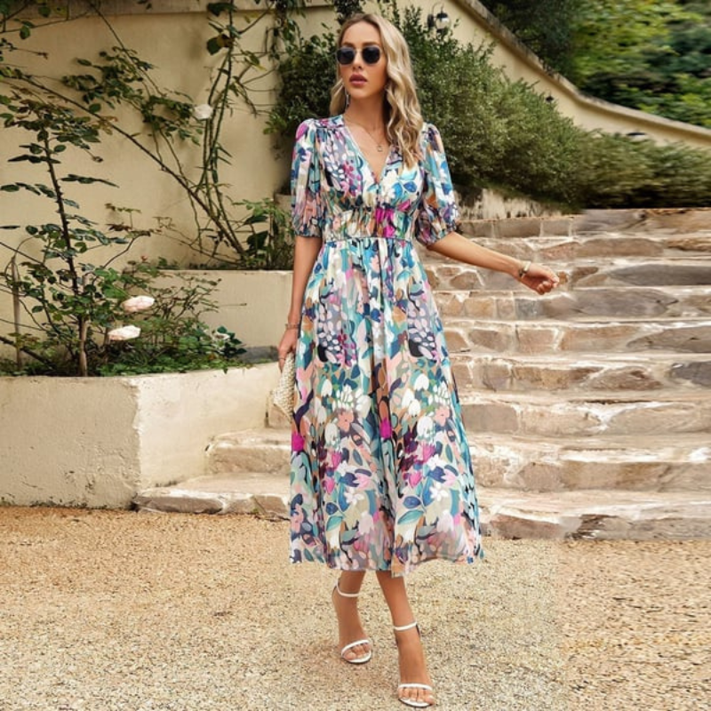 Robe midi femme – Coupe évasée – Décolleté en V – Manches bouffantes – Tissu fluide respirant