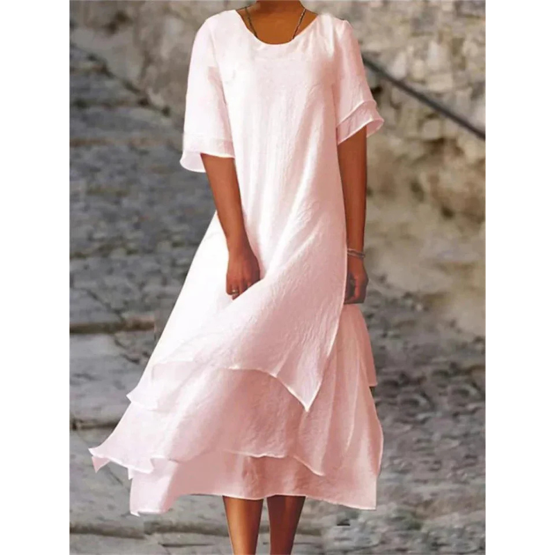 Robe midi femme – Coupe évasée fluide – Manches coudes – Tissu fibres naturelles