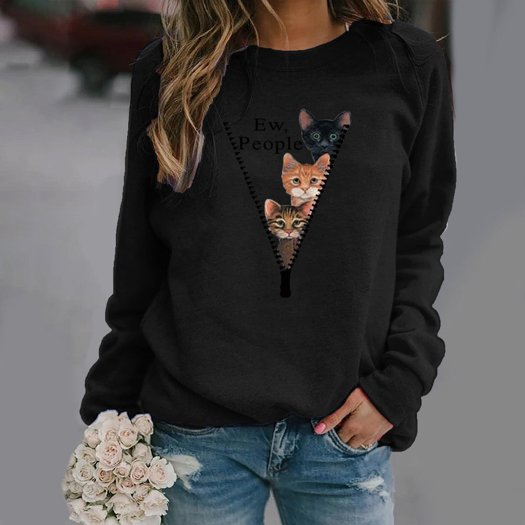 Sweatshirt femme col rond – Coupe décontractée – Motif chat humoristique – Tissu doux