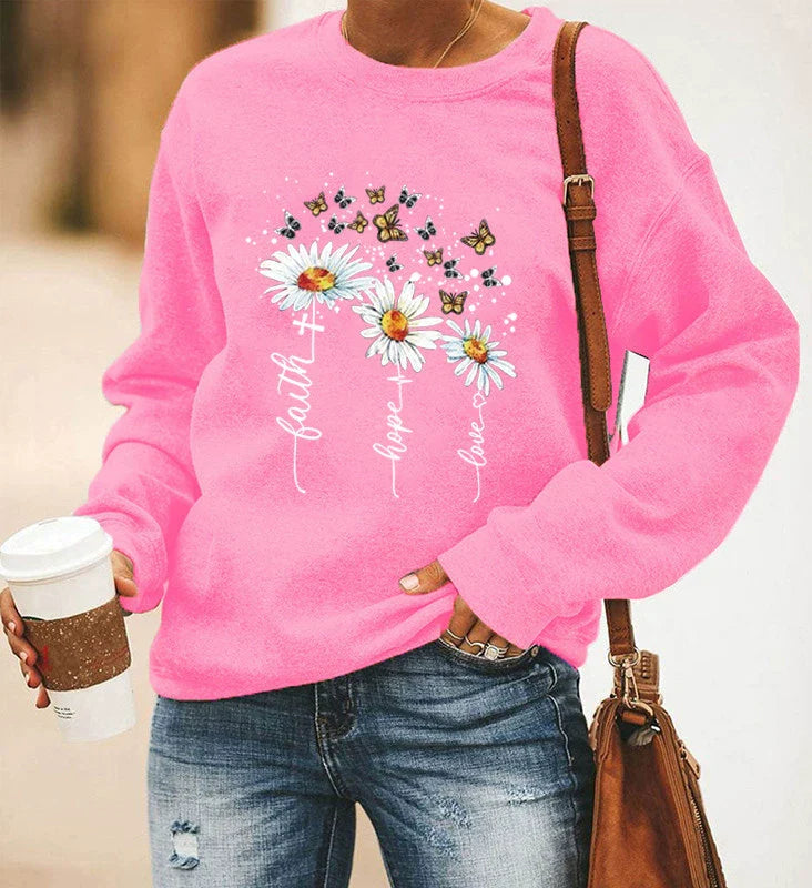Sweat-shirt femme – Coupe décontractée – Coton doux – Motif fleurs et papillons