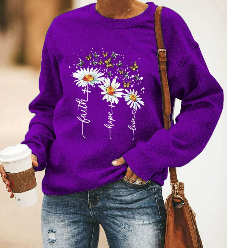 Sweat-shirt femme – Coupe décontractée – Coton doux – Motif fleurs et papillons