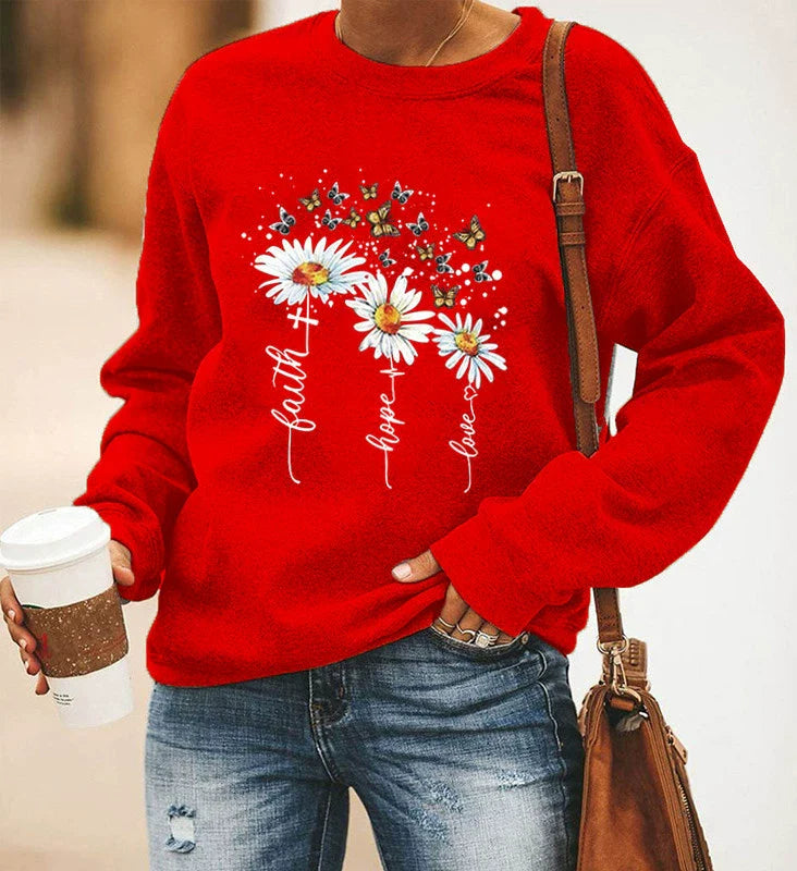 Sweat-shirt femme – Coupe décontractée – Coton doux – Motif fleurs et papillons