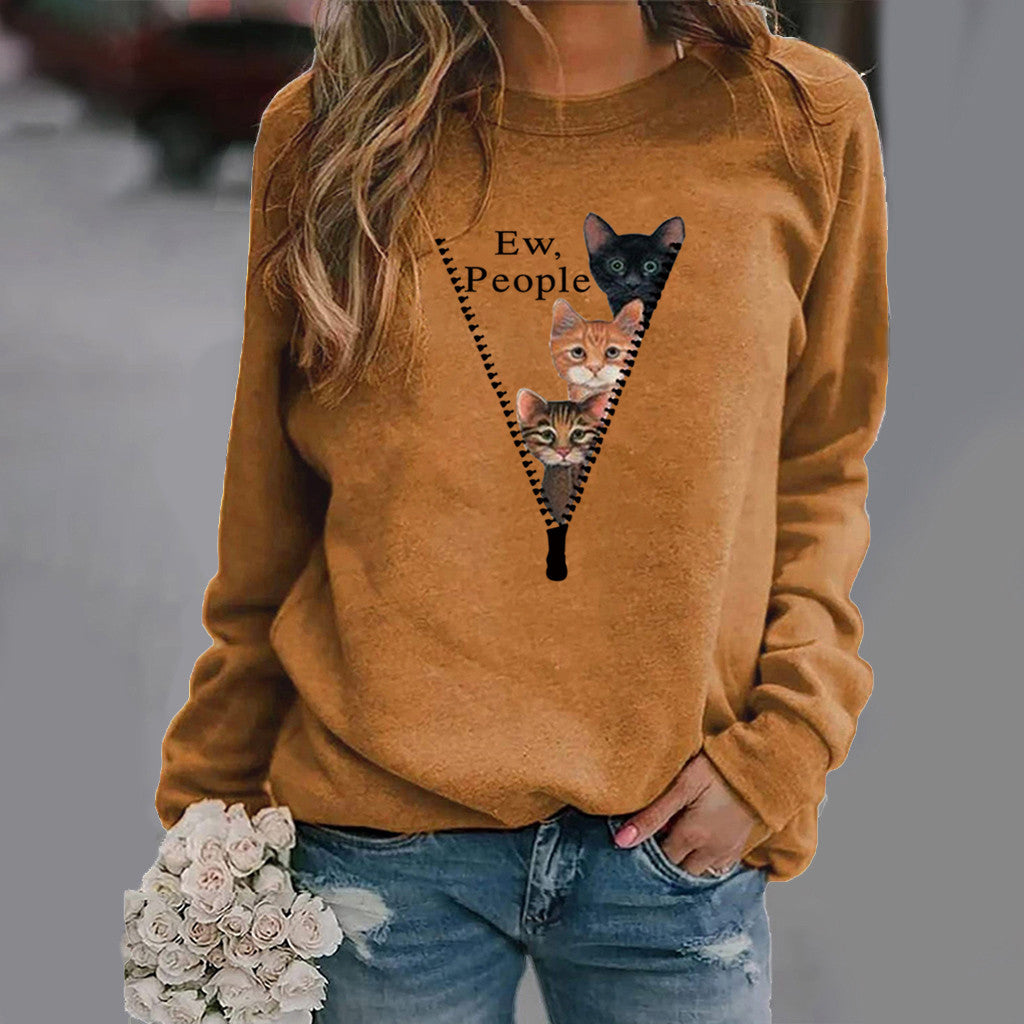 Sweatshirt femme col rond – Coupe décontractée – Motif chat humoristique – Tissu doux
