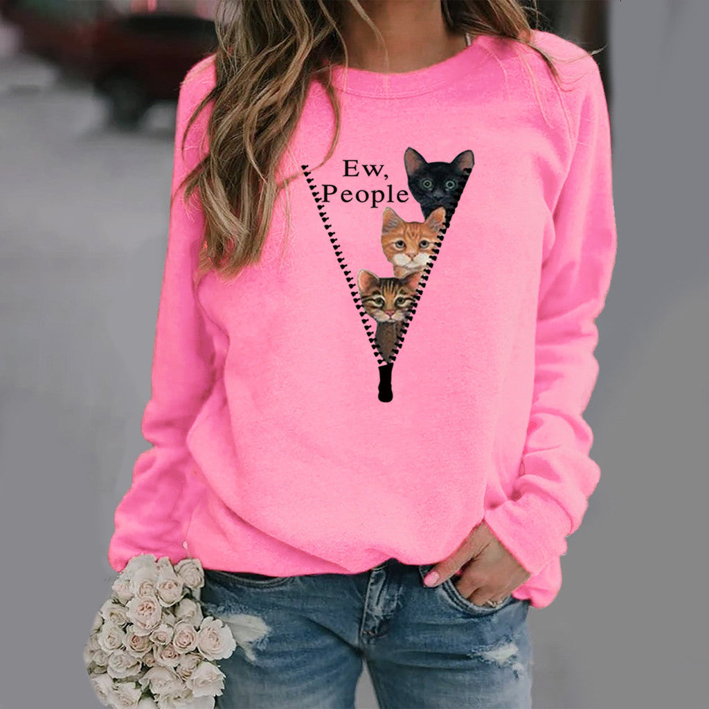 Sweatshirt femme col rond – Coupe décontractée – Motif chat humoristique – Tissu doux