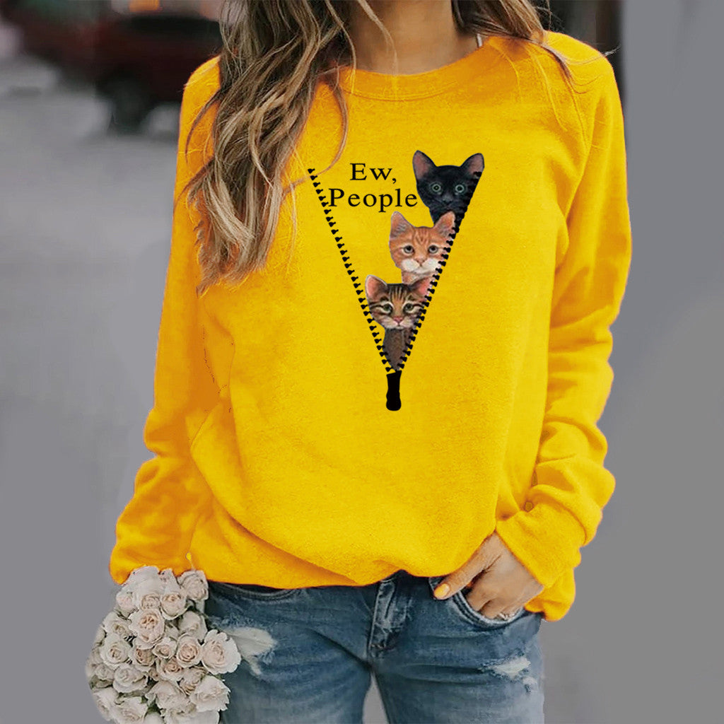 Sweatshirt femme col rond – Coupe décontractée – Motif chat humoristique – Tissu doux