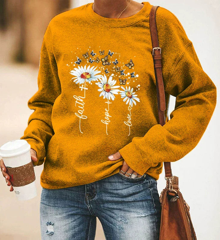 Sweat-shirt femme – Coupe décontractée – Coton doux – Motif fleurs et papillons