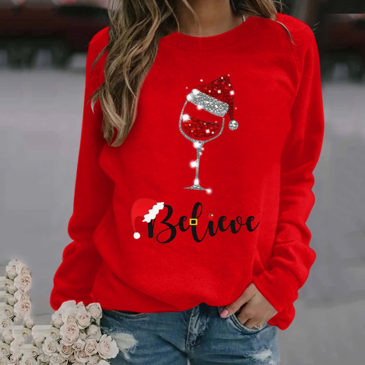 Sweatshirt femme – Coupe décontractée – Coton doux – Col rond – Manches longues imprimé festif