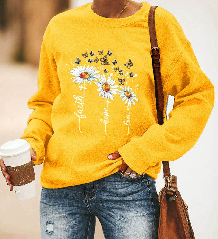 Sweat-shirt femme – Coupe décontractée – Coton doux – Motif fleurs et papillons