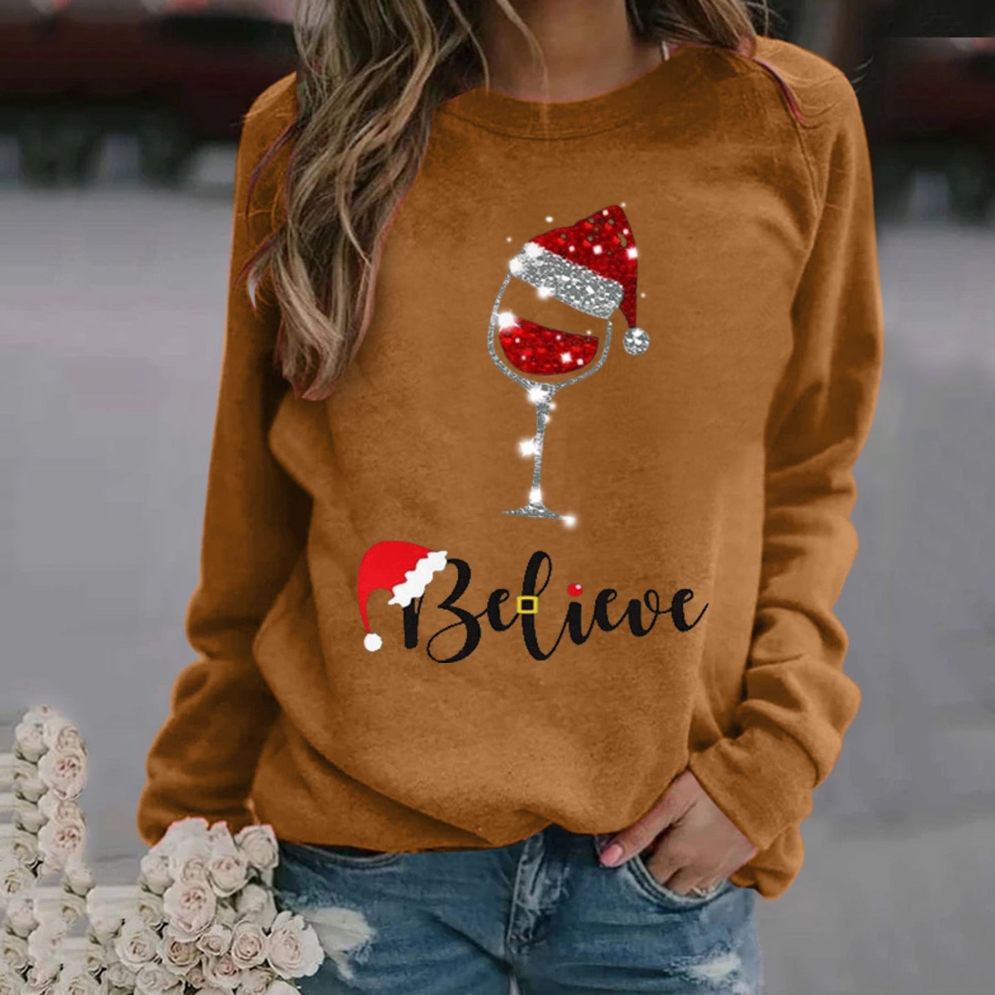 Sweatshirt femme – Coupe décontractée – Coton doux – Col rond – Manches longues imprimé festif
