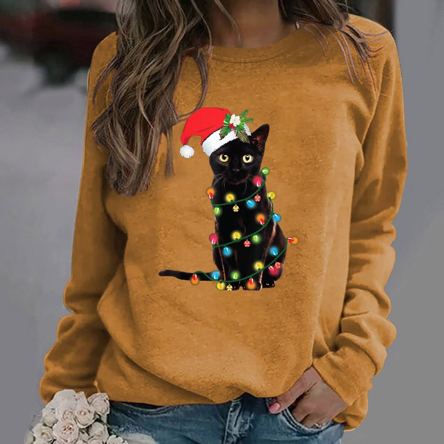 Sweat à capuche femme – Coton doux – Coupe décontractée – Manches longues – Motif chat Noël