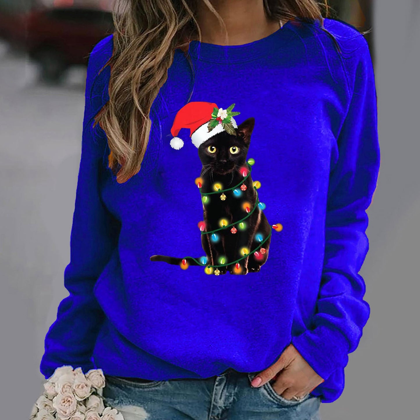 Sweat à capuche femme – Coton doux – Coupe décontractée – Manches longues – Motif chat Noël