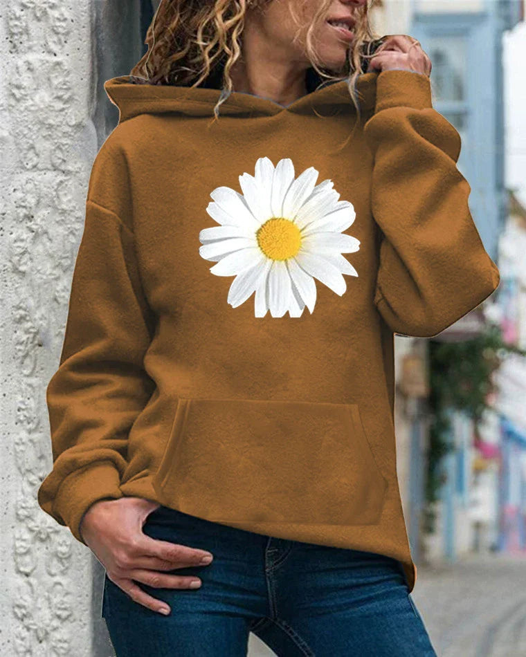Sweat à capuche femme – Coupe décontractée – Polaire douce – Imprimé marguerite