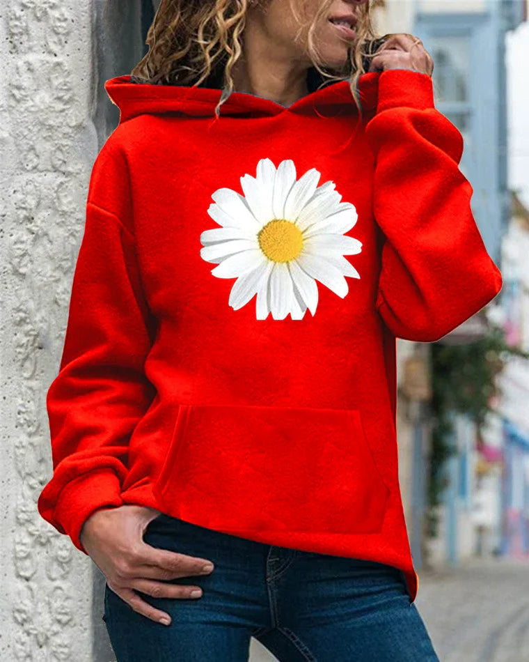 Sweat à capuche femme – Coupe décontractée – Polaire douce – Imprimé marguerite